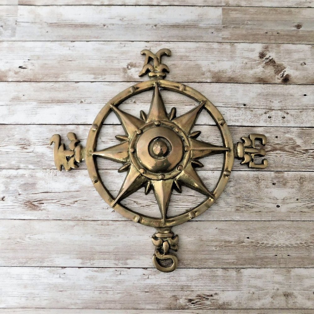RARE Vintage 1970s Brass Compass Rose Nautical Decor Wall Hanging